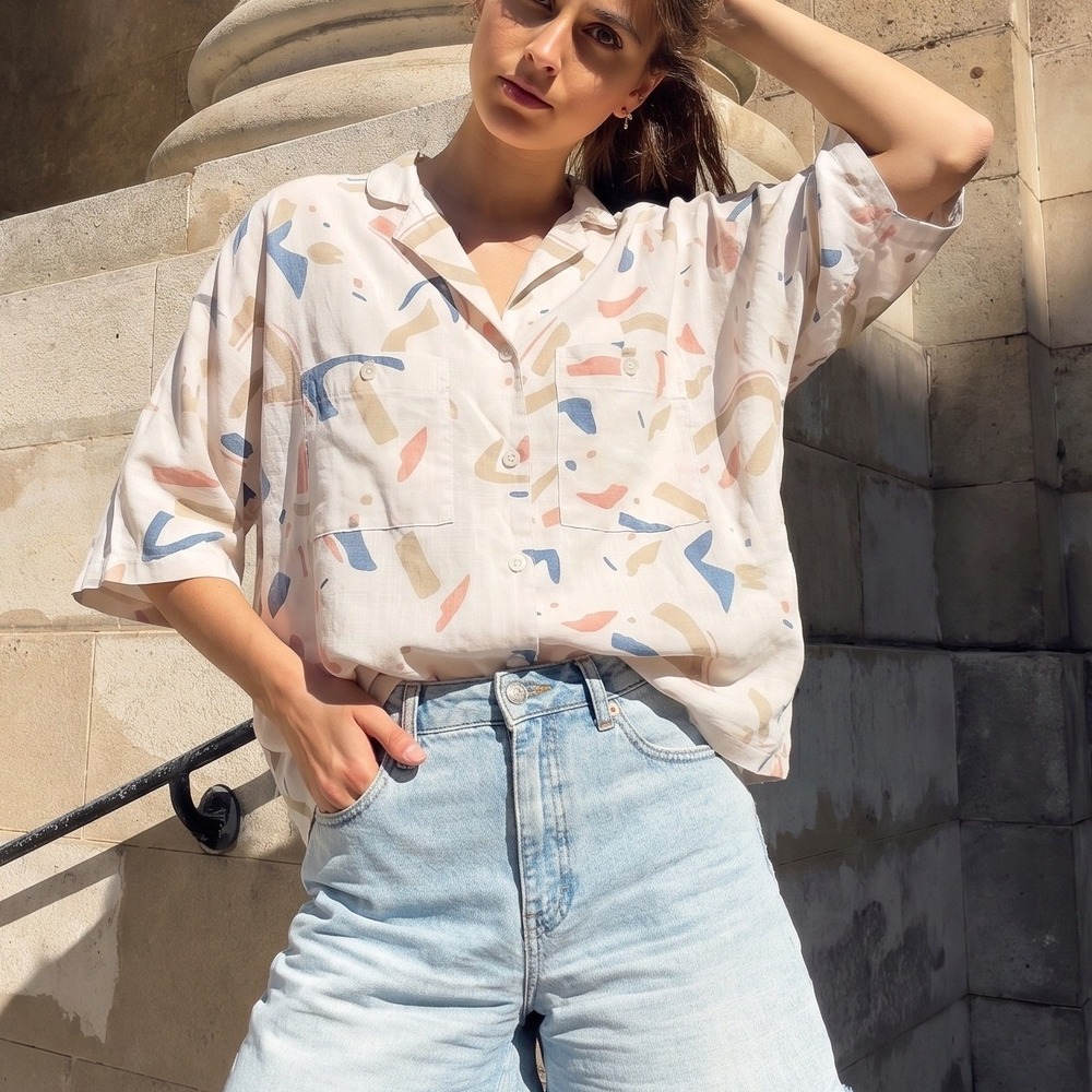 Cos Cob Cream Vintage 80's Button Front Colorful Flax Blend Shirt Size 14